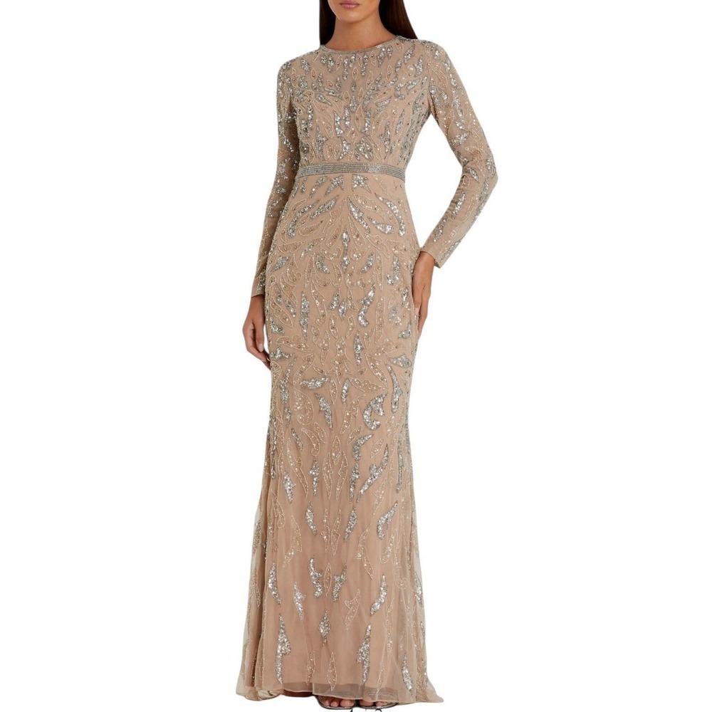 MAC DUGGAL 5124 Mocha Long Sleeve Beaded Evening Dress Size 14 NWT $598